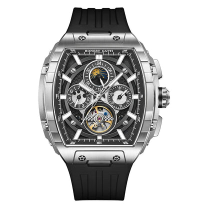 BONEST GATTI Montre Automatique Homme 47 mm Tonneau Mécanique Étanche Saphir Lumineux Multi-Cadrans Jour Date 24 Heures