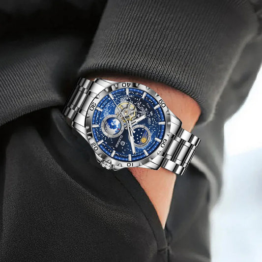 GLENAW mechanical watch with rotating earth dial and starry sky design