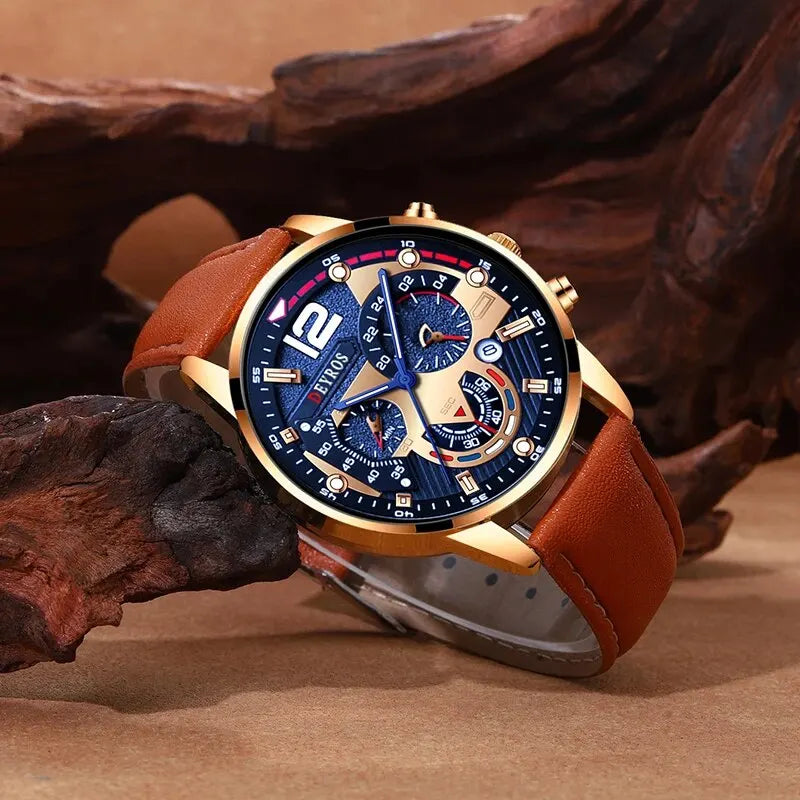 Ensemble 2 Pièces Montres Tendance Homme Calendrier Luxe Masculin Business Décontracté en Cuir Marron Montre à Quartz Homme Bracelet Montre-Bracelet