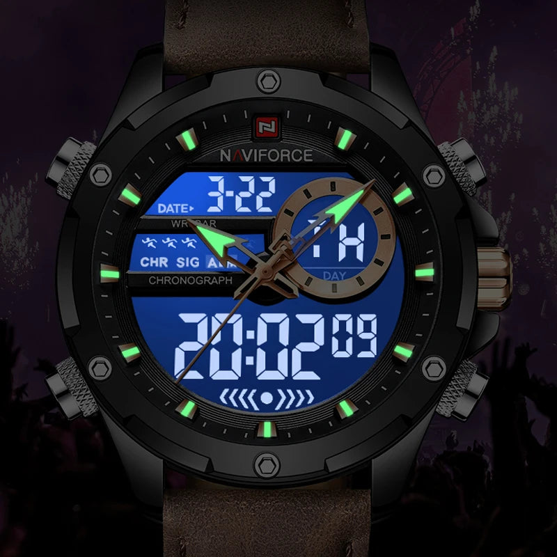 NAVIFORCE Montre tendance homme, charmante et accrocheuse, affichage du jour, de la date et de l'heure, bracelet en cuir souple, aiguille lumineuse, affichage LED, cadeau homme