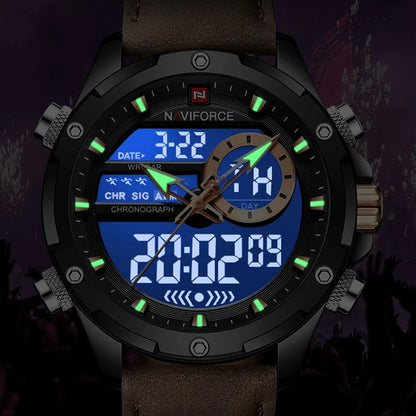 NAVIFORCE Montre tendance homme, charmante et accrocheuse, affichage du jour, de la date et de l'heure, bracelet en cuir souple, aiguille lumineuse, affichage LED, cadeau homme