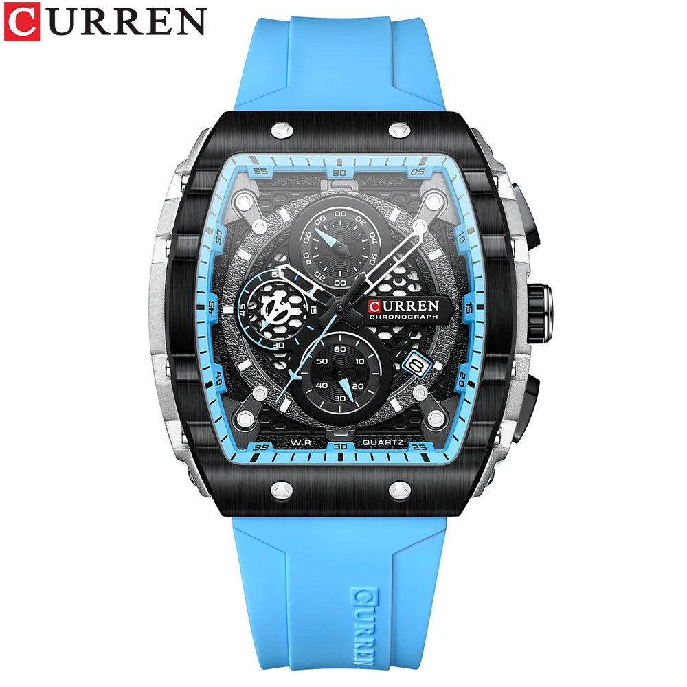 CURREN Tonneau Dial Chronograph Watch with Yellow Silicone Strap