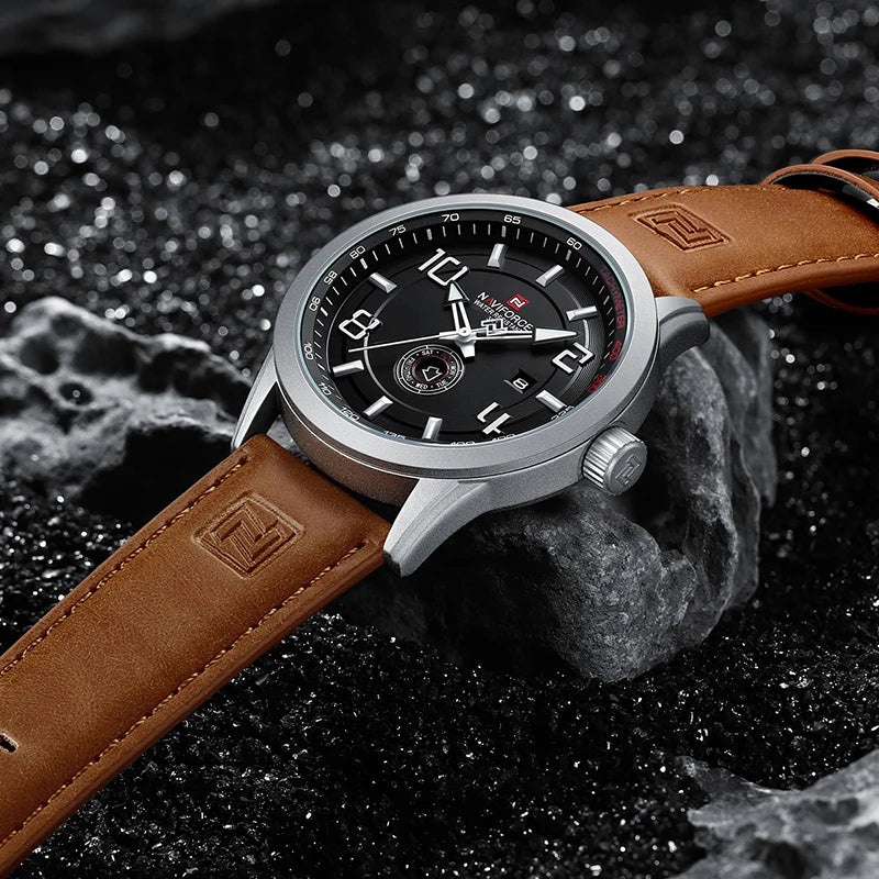 Montre-bracelet décontractée tendance NAVIFORCE pour homme, montre militaire de sport étanche avec bracelet en cuir, mouvement à quartz, calendrier