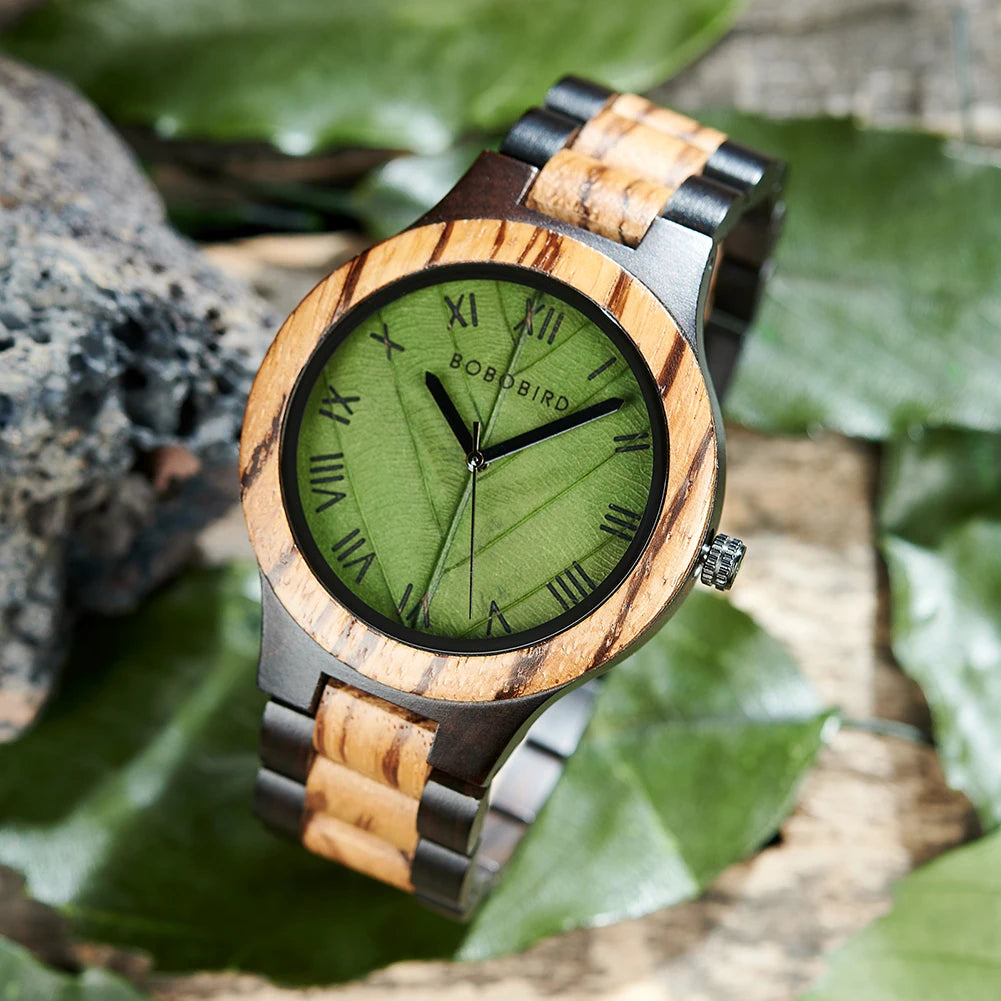 Montre en bois pour homme BOBO BIRD avec feuille véritable, montre en bois originale, montre en bois, montre fabriquée à la main, cadeau d'anniversaire pour homme