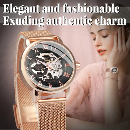 Forsining 099L Montre squelette élégante et tendance pour femmes, nouvelles montres-bracelets mécaniques de luxe en or rose pour dames