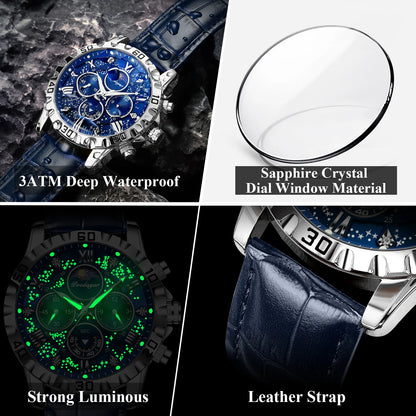 POEDAGAR Montre-bracelet de luxe multifonctionnelle pour homme Étanche Lumineuse Chronographe Montres de sport en cuir pour homme Montre à quartz pour homme