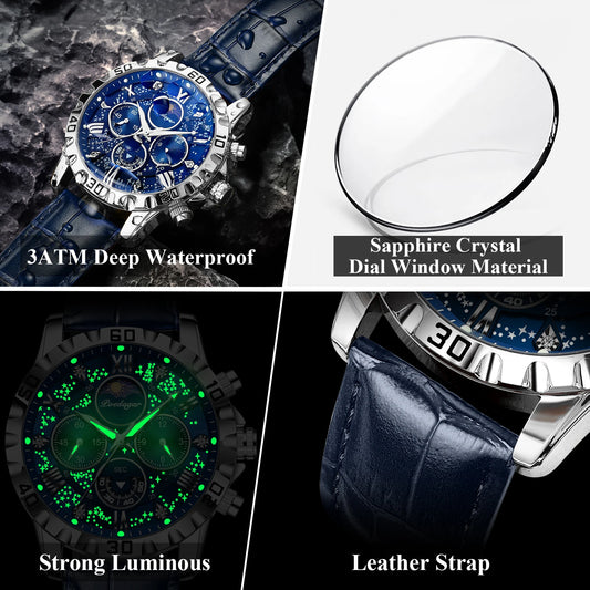 POEDAGAR Chronograph Luminous Leather Watch for Men