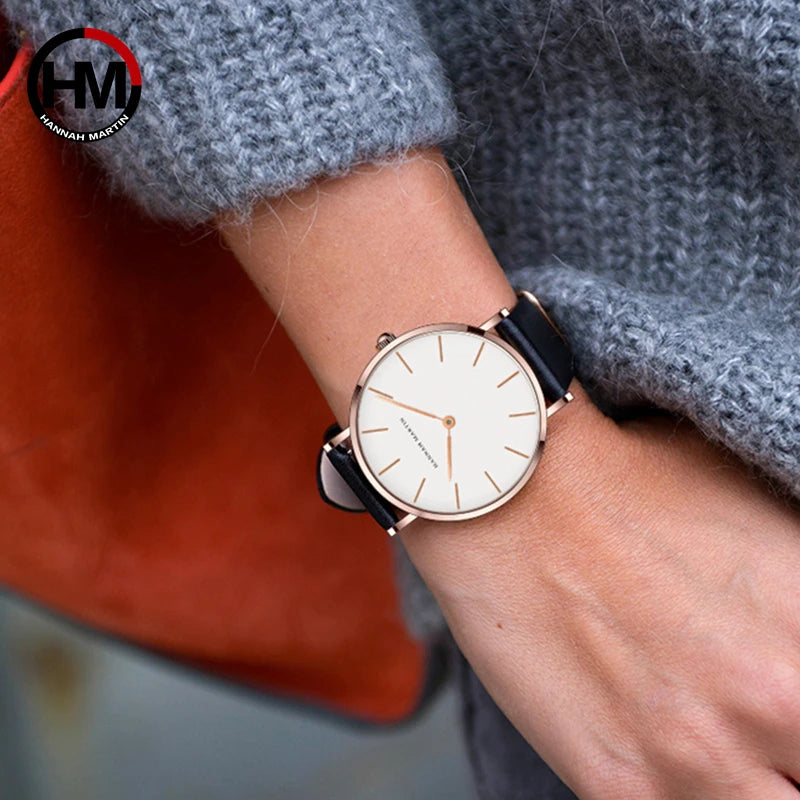 HANNAH MARTIN Top Brand Women Waterproof Wrist Watches 36mm Fashion Luxury Ultra Thin Leather Creative Rose Gold Ladies Watches