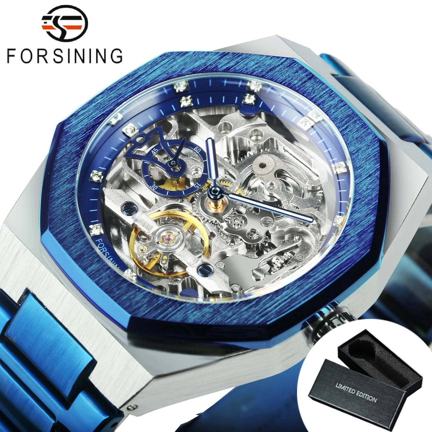 Forsining Silver Automatic Watch Men 3D Diamond Dial Irregular Tourbillon Skeleton Mechanical Wristwatches Luminous Hands Clock