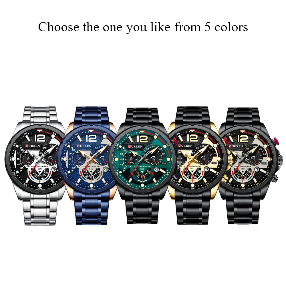 CURREN Montre à quartz mode homme, décontractée, sport, avec cadran chronographe en acier inoxydable et aiguilles lumineuses