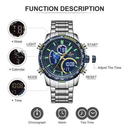 NAVIFORCE Montre Homme Tendance Marque de Luxe Sport Chronographe à Quartz Étanche Militaire en Acier Inoxydable