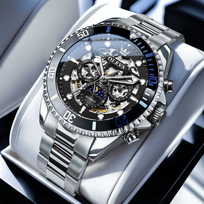OLEVS 6715 Montre Homme Évidée Date Automatique Mécanique Pour Hommes 43mm Grand Cadran Phase de Lune Montre-Bracelet Étanche Tendance Pour Homme