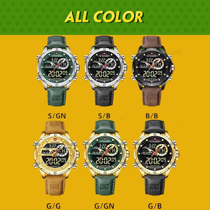 NAVIFORCE Montre-bracelet de luxe originale pour hommes, double fuseau horaire, sport, décontractée, chronographe, alarme, quartz, bracelet en cuir, étanche