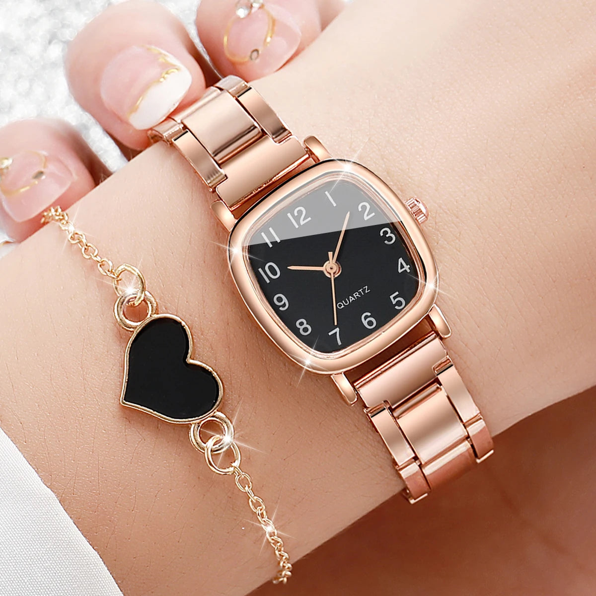 Lot de 2 montres carrées tendance pour femmes, bracelet en acier inoxydable, montre à quartz avec bracelet en forme de cœur