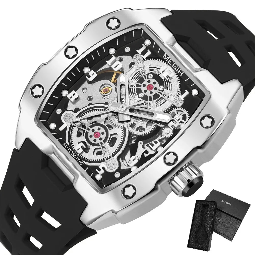 MEGIR Montre Homme Sport Tendance Boîtier Alliage Mécanique Étanche Bracelet Silicone Cadran Tonneau Aiguilles Lumineuses Montres-bracelets Homme