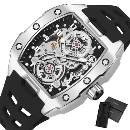 MEGIR Montre Homme Sport Tendance Boîtier Alliage Mécanique Étanche Bracelet Silicone Cadran Tonneau Aiguilles Lumineuses Montres-bracelets Homme