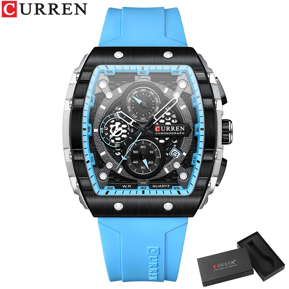 CURREN Tonneau Dial Chronograph Watch with Yellow Silicone Strap