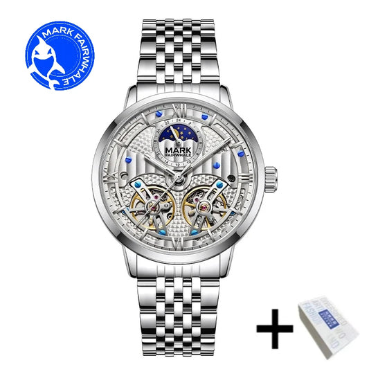 Mark Fairwhale 6023 Luxury Quartz Steel Strip Automatic Movement Watch Waterproof Double Tourbillon Moonphase Watches for Men
