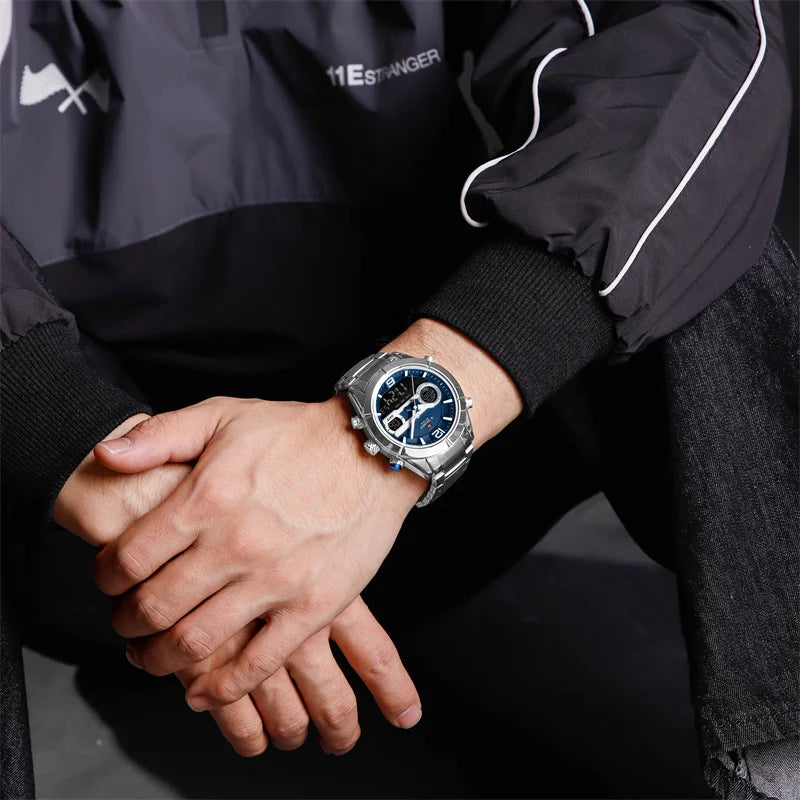 Montre de sport militaire de luxe NAVIFORCE pour hommes, lumineuse, étanche, bracelet en acier, affichage double numérique à quartz, montre-bracelet masculine.
