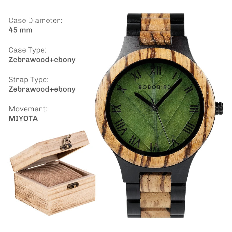 Montre en bois pour homme BOBO BIRD avec feuille véritable, montre en bois originale, montre en bois, montre fabriquée à la main, cadeau d'anniversaire pour homme
