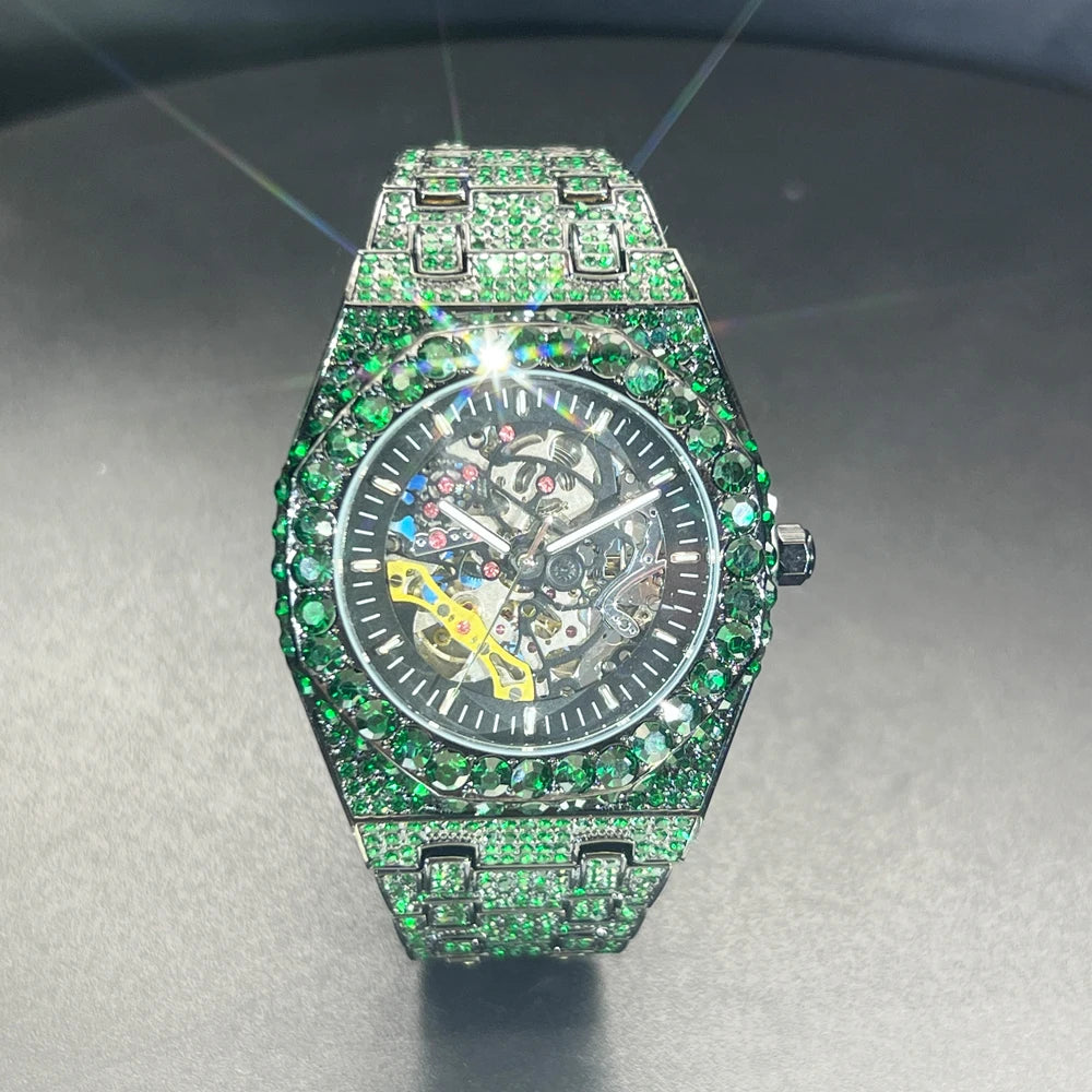 Automatic Watch For Men Luxury Full Green Ice Out Business Tourbillon Watches Bling Diamond Gold Male Mechanical Wristwatch