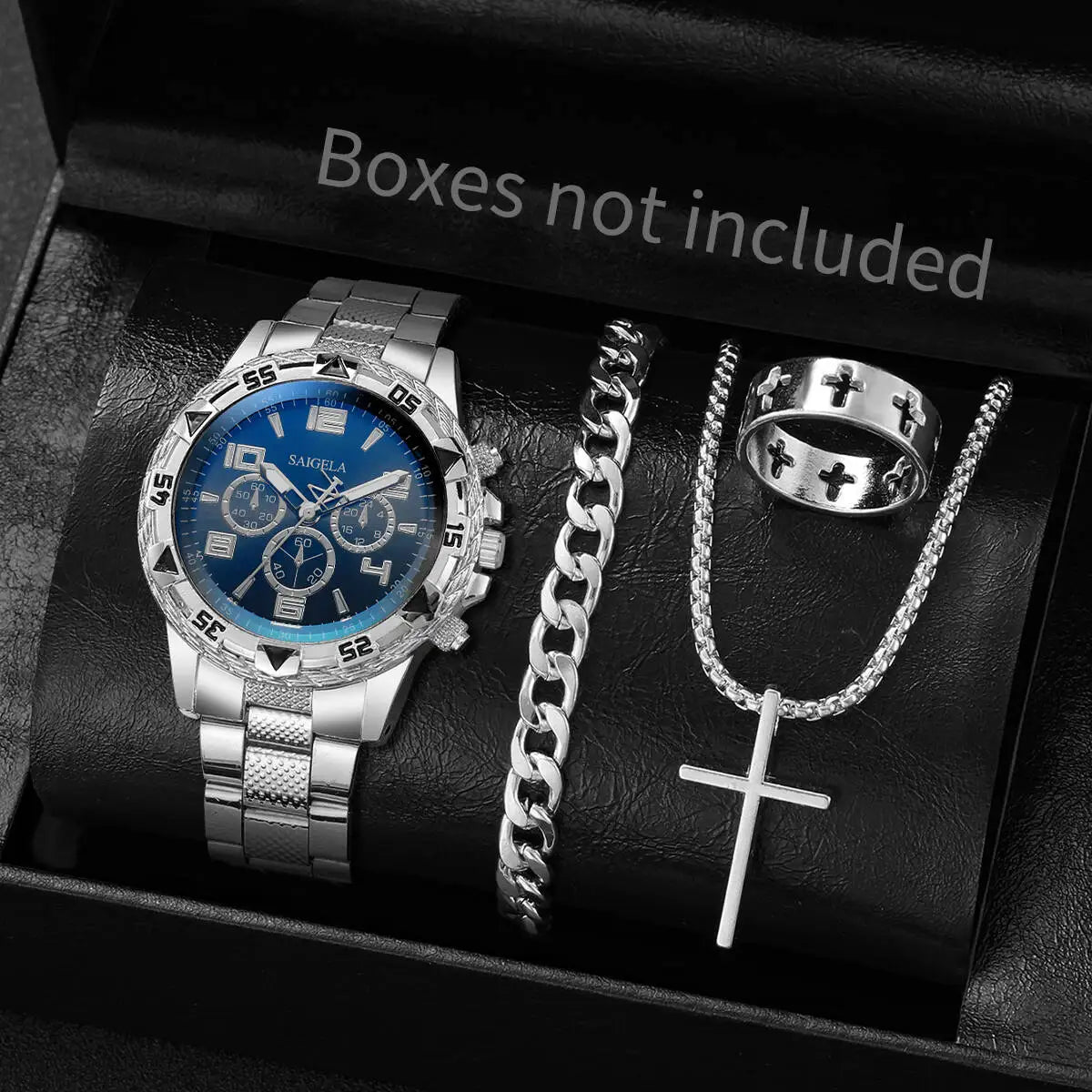4 pièces/ensemble Montres Homme en Acier Inoxydable Tendance Montre-Bracelet à Quartz de Luxe Ensemble de Bijoux Reloj Hombre (Boîte non incluse)