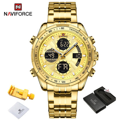 Montres de Luxe NAVIFORCE Or pour Homme Montre-bracelet Sport Militaire Numérique Quartz Bracelet Acier Étanche Lumineuse Réveil
