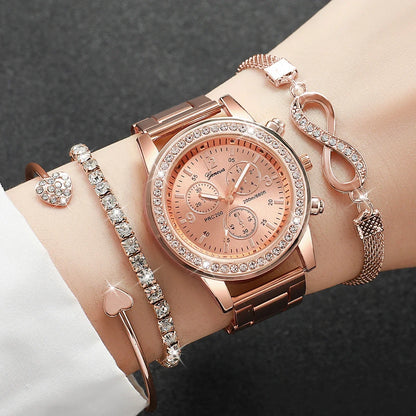 4PCS/Set Fashion Rhinestone Women Watches Luxury Steel Band Ladies Quartz Watch Bracelets Set Reloj Mujer（Without Box）