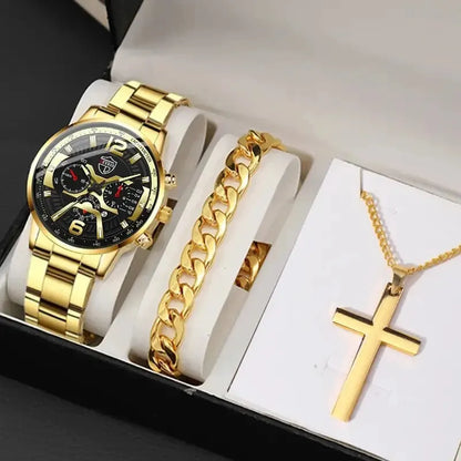 Ensemble 5 pièces DEYROS Montres tendance pour hommes avec calendrier Montres-bracelets à quartz en acier inoxydable pour hommes d'affaires Montre décontractée avec collier et bracelet