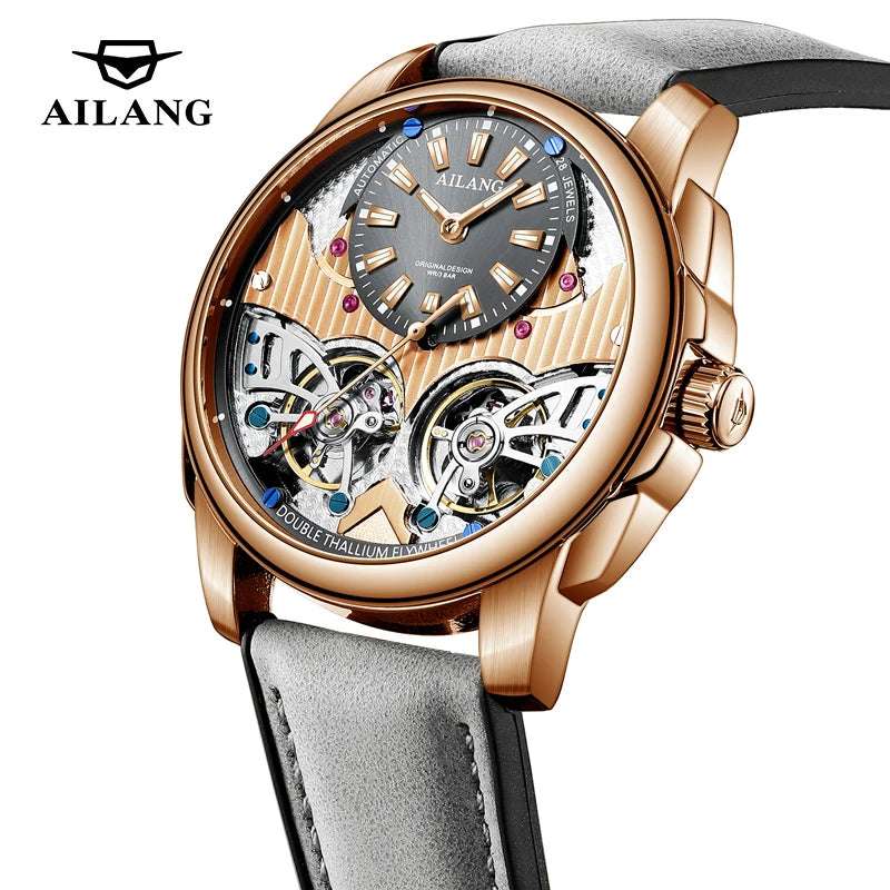 AILANG Business Mechanical Watches Men Top Brand Luxury Leather Waterproof Double Tourbillon Watch For Men Automatic Wristwatch
