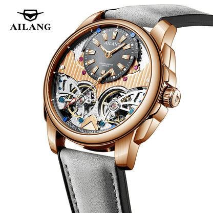 AILANG Business Mechanical Watches Men Top Brand Luxury Leather Waterproof Double Tourbillon Watch For Men Automatic Wristwatch
