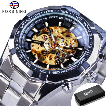 Forsining 2025 Montres Homme Squelette en Acier Inoxydable Étanche Marque de Luxe Transparente Mécanique Sport Montres-bracelets pour Hommes