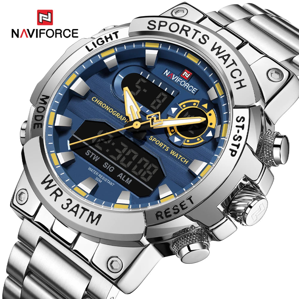 Montre numérique à quartz NAVIFORCE pour hommes, étanche, lumineuse, avec date, bracelet en acier inoxydable, chronographe, montres de sport