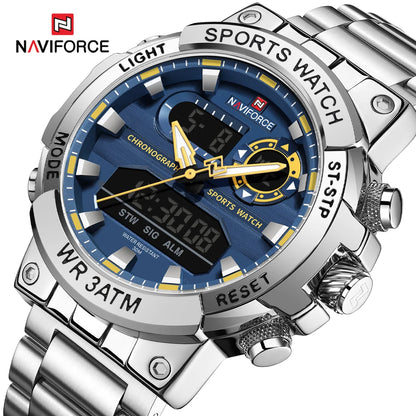 Montre numérique à quartz NAVIFORCE pour hommes, étanche, lumineuse, avec date, bracelet en acier inoxydable, chronographe, montres de sport