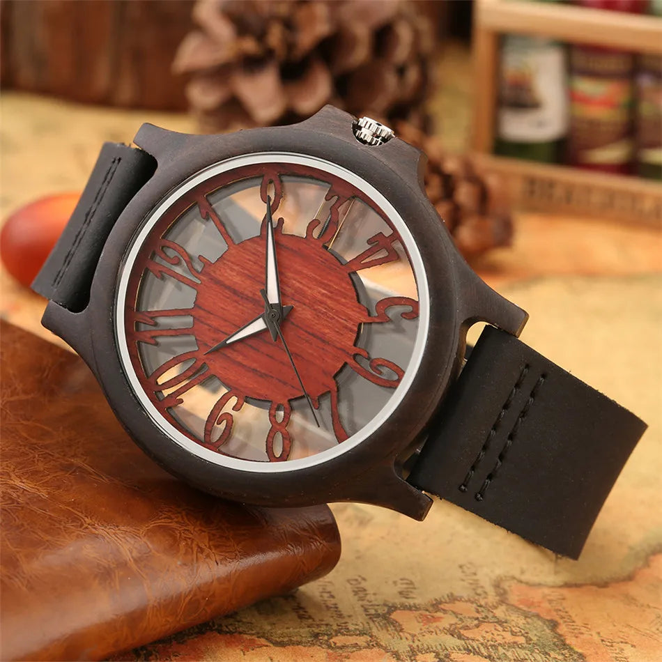 BOBO BIRD W546003 Montres en Bois à Affichage Chiffres Arabes Creux Transparents Quartz