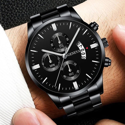 3 pièces/ensemble Montre à bracelet en acier inoxydable pour hommes, mode, montre-bracelet décontractée à quartz avec calendrier, ensemble de bijoux (sans boîte)