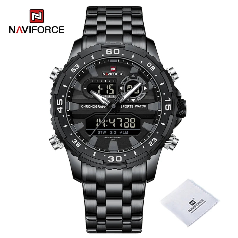 Montres Homme NAVIFORCE Original Tendance Marque LCD Affichage Analogique Numérique Quartz Homme Horloge 30m Étanche Lumineuse Montre-Bracelet Homme