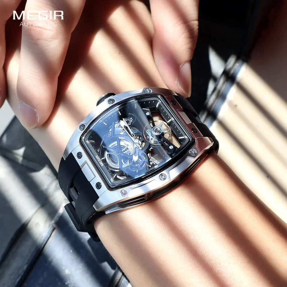 Montre-bracelet MEGIR pour hommes, mode, noire, étanche, mécanique automatique, avec aiguilles lumineuses, bracelet en silicone, cadran tonneau 2242