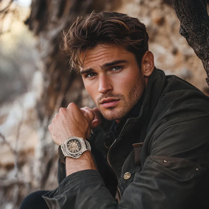 Men automatic watch waterproof outdoors simple luxury mechanical watches wholesale skeleton leather leisure mens watch gift