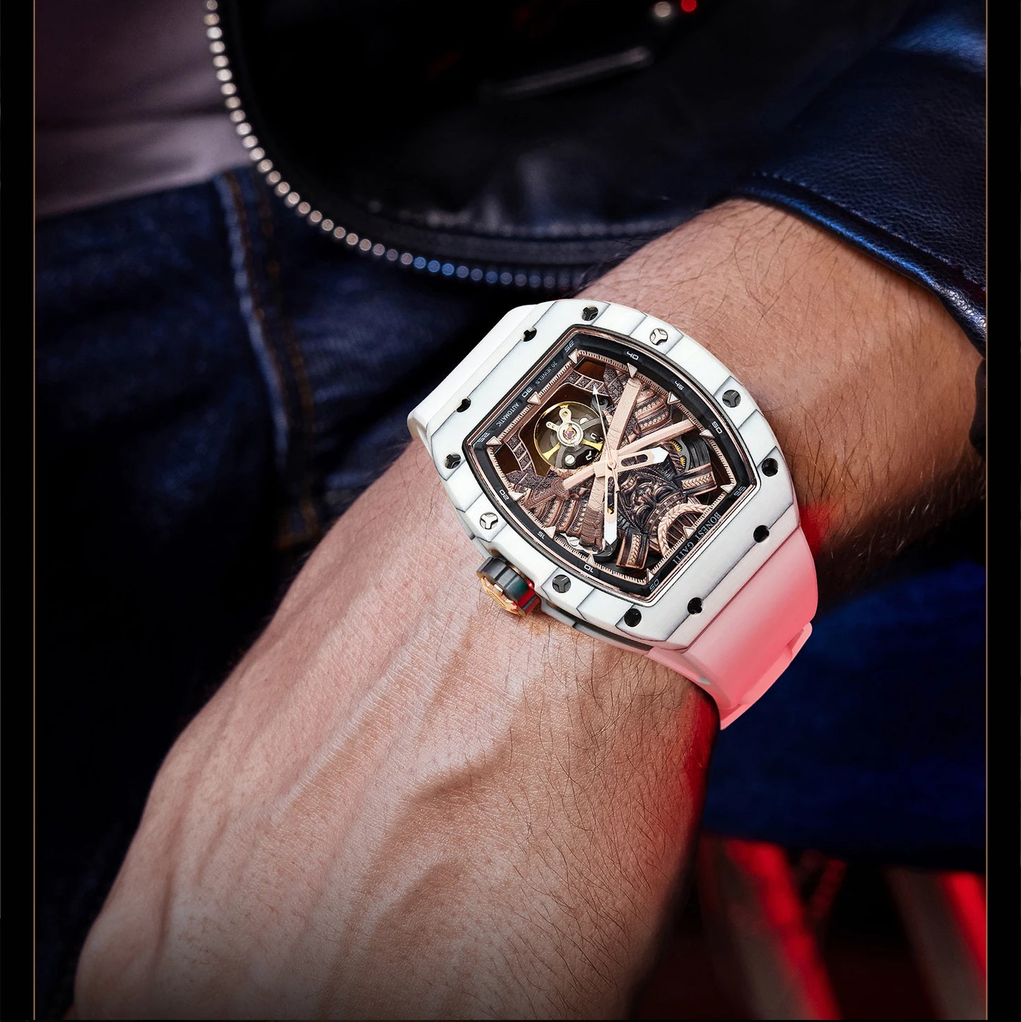 Montre automatique BONEST GATTI homme 42*54mm Tonneau Fibre de Carbone Montre mécanique Cadran Ninja Lumineux Verre Saphir