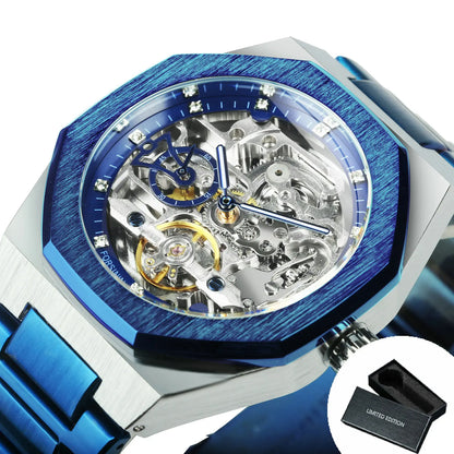 Montre automatique Forsining argentée pour homme, cadran 3D diamant, tourbillon irrégulier, squelette, mécanique, bracelets lumineux, horloge