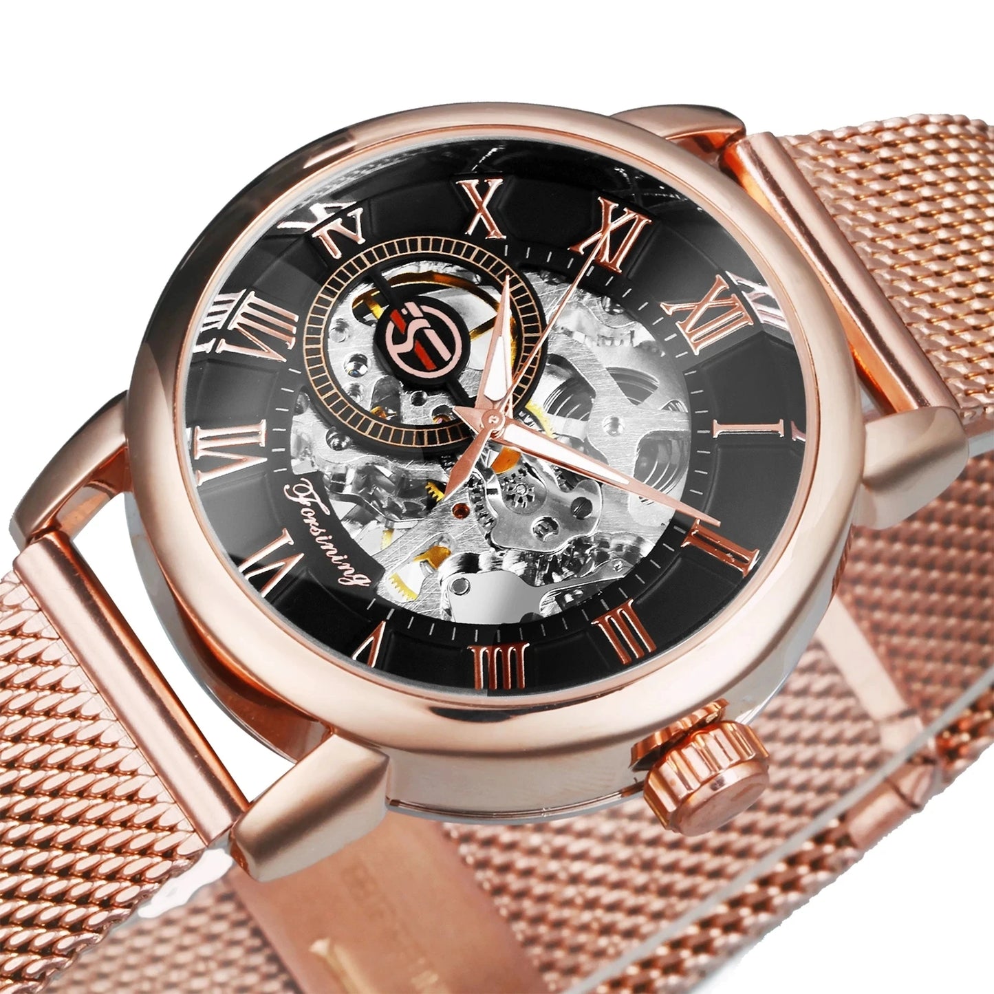 Forsining 099L Montre squelette élégante et tendance pour femmes, nouvelles montres-bracelets mécaniques de luxe en or rose pour dames
