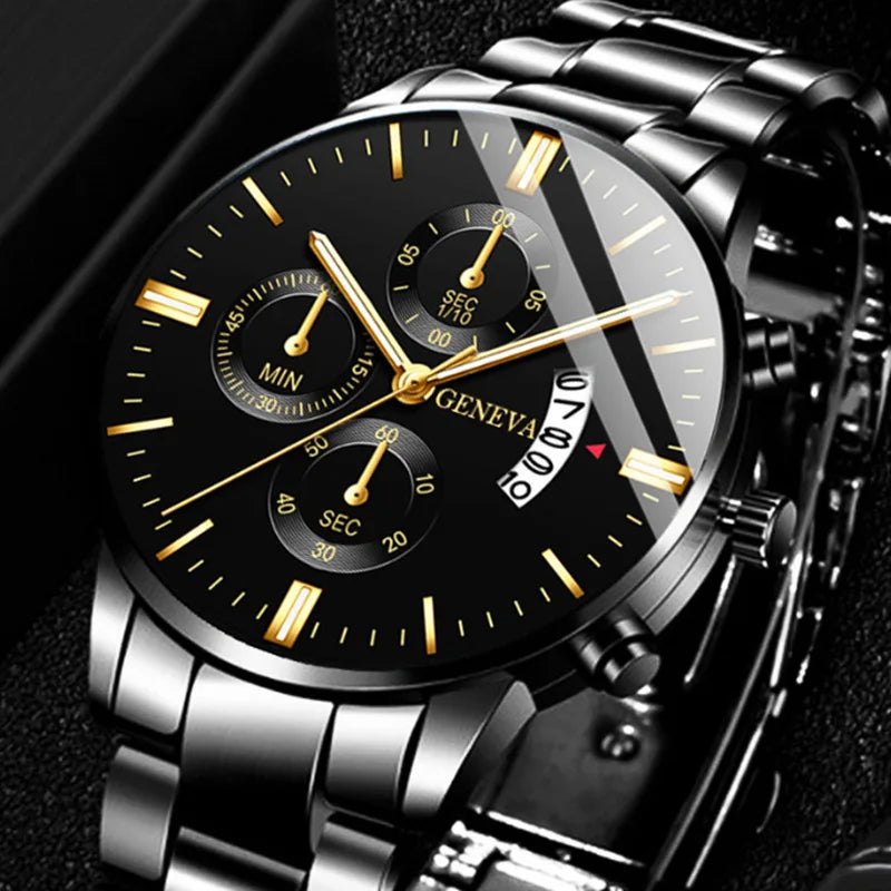 Men's stainless steel watch with calendar display and classic dial