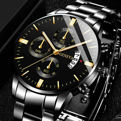 Men's stainless steel watch with calendar display and classic dial