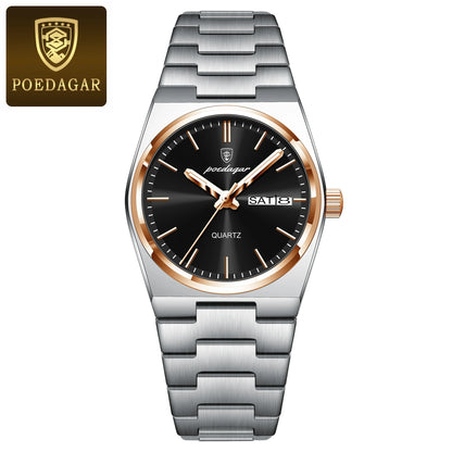 POEDAGAR Montres élégantes pour femmes Étanche Lumineux Date Semaine Montre Femme Quartz Acier inoxydable Montre-bracelet de mode pour femme