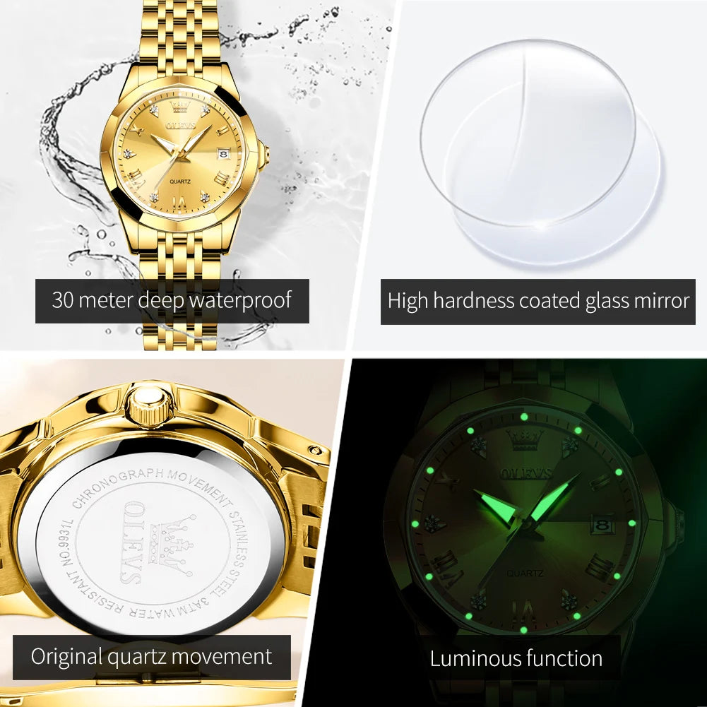 OLEVS Fashion Golden Watch for Women Stainless Steel Waterproof Women's Watches Elegant Original Luxury Ladies Quartz Wristwatch