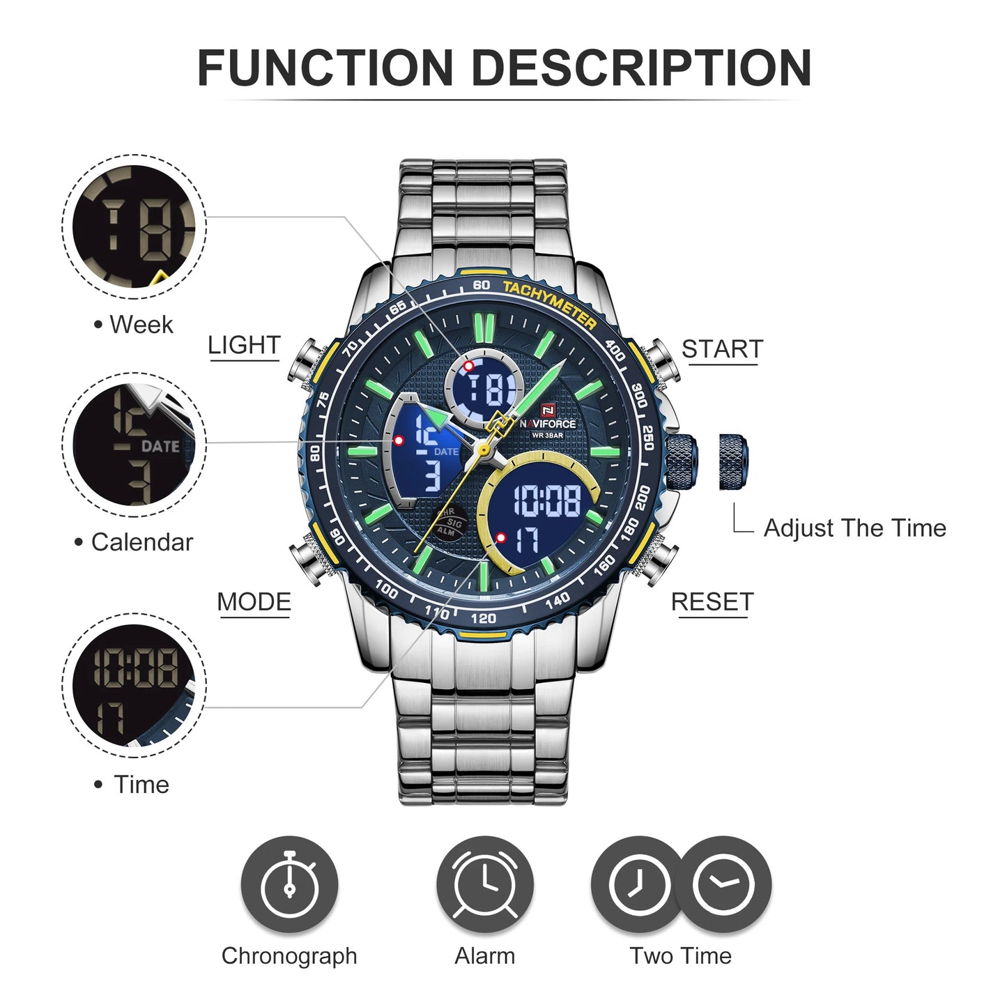 NAVIFORCE Montre Homme Tendance Marque de Luxe Sport Chronographe à Quartz Étanche Militaire en Acier Inoxydable