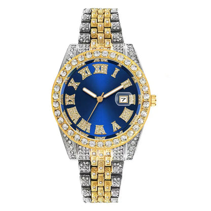 Montre de luxe hip-hop en acier inoxydable doré avec calendrier pour homme, sertie de strass, montre pour homme Reloj Hombre