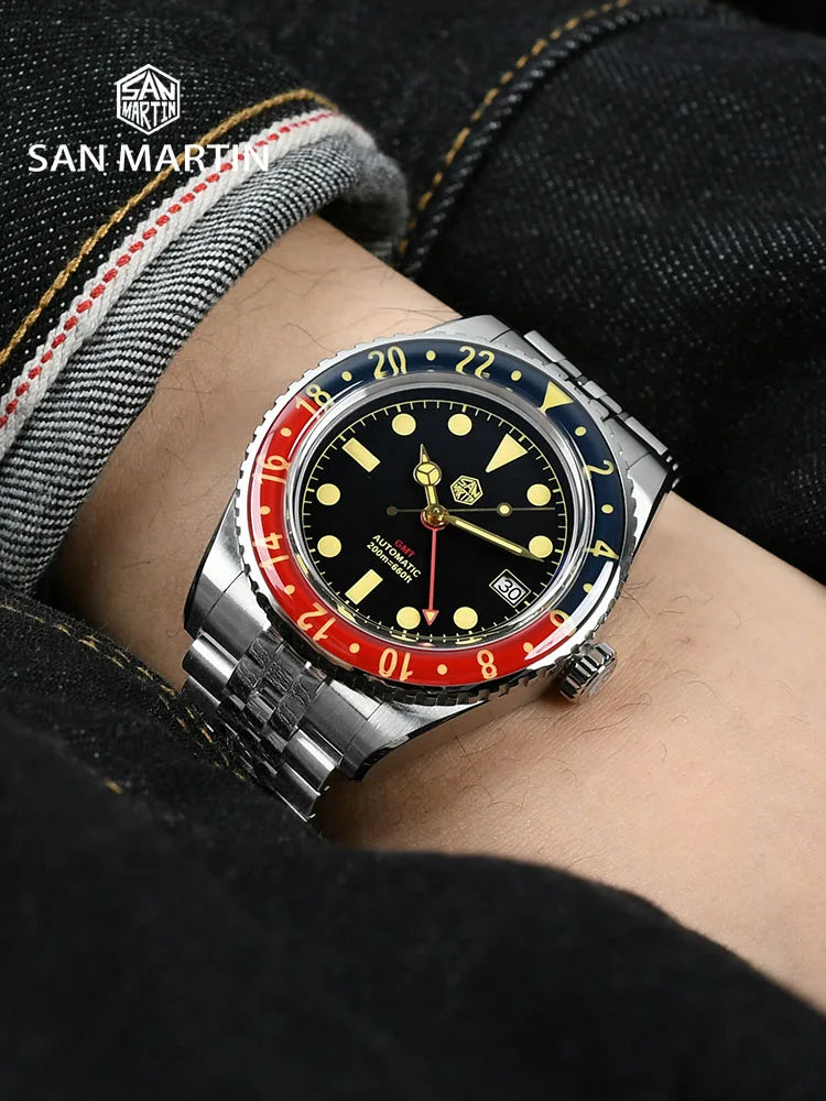 San Martin NH34 40 mm GMT Style Sportif de Luxe Entièrement Lumineux Lunette Saphir Bidirectionnelle Montre Automatique Mécanique 20 Bar SN0005
