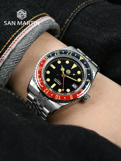 San Martin NH34 40 mm GMT Style Sportif de Luxe Entièrement Lumineux Lunette Saphir Bidirectionnelle Montre Automatique Mécanique 20 Bar SN0005